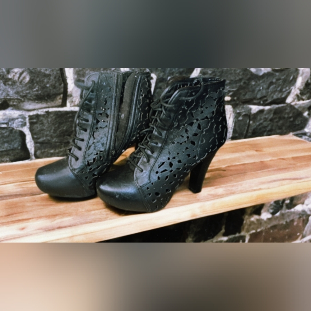 Charlotte Russe Black Heeled Boots with Lace-Up Design